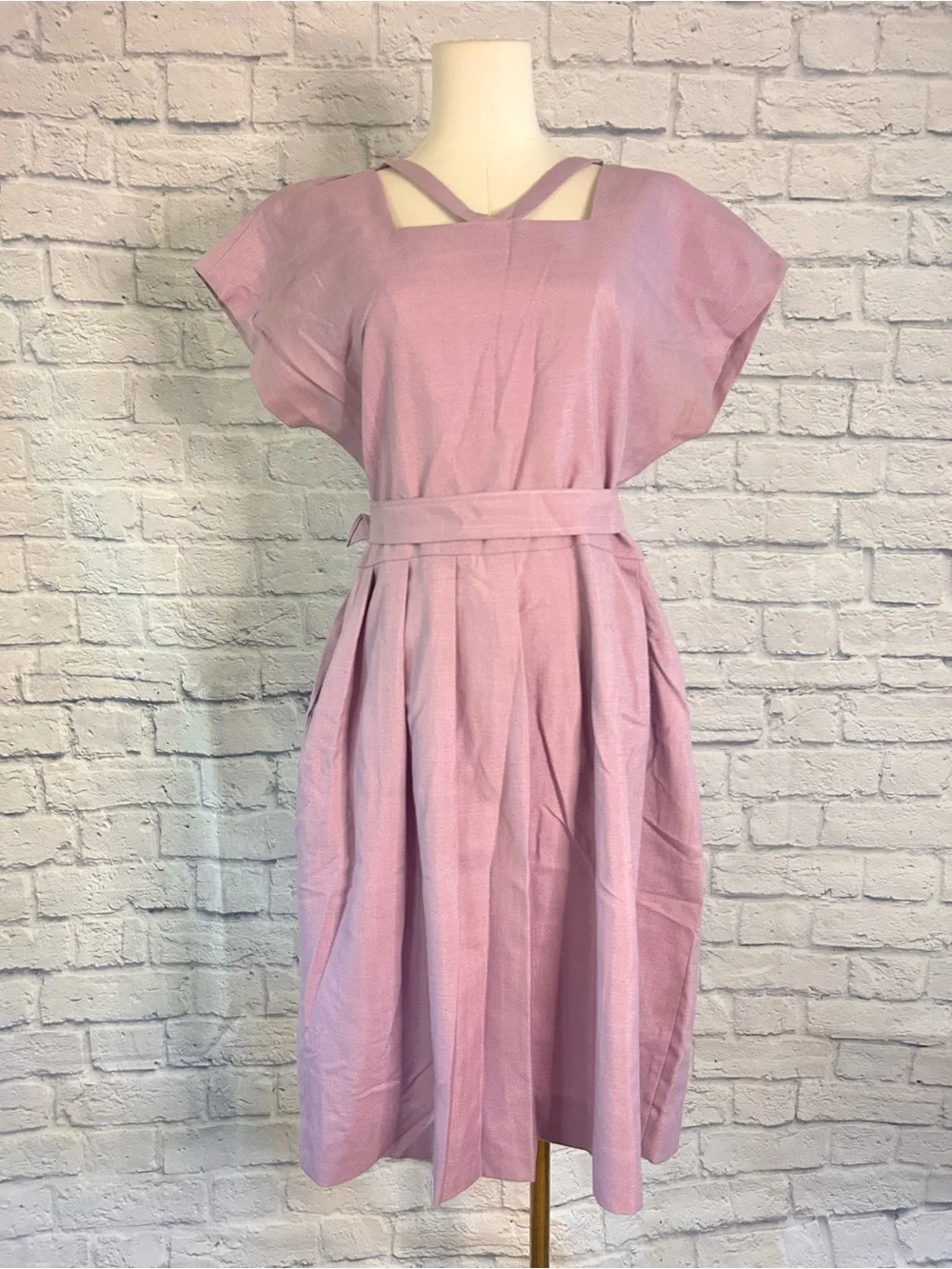 Vintage Lavender Dress w Belt Criss Cross Neckline Pleated Dapper Pinup Twee